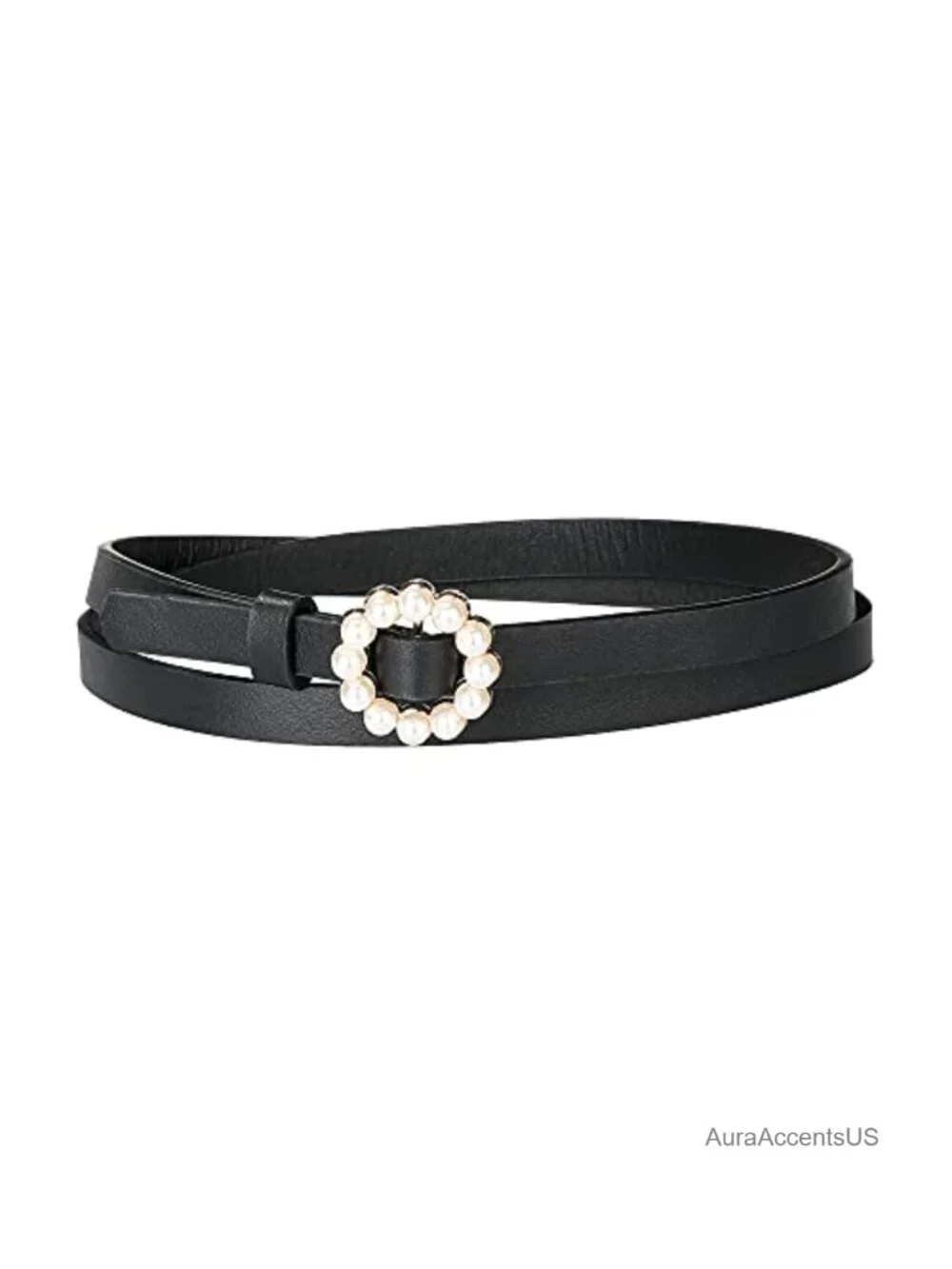 Faux Leather Pearl Circle Buckle Adjustable Belt